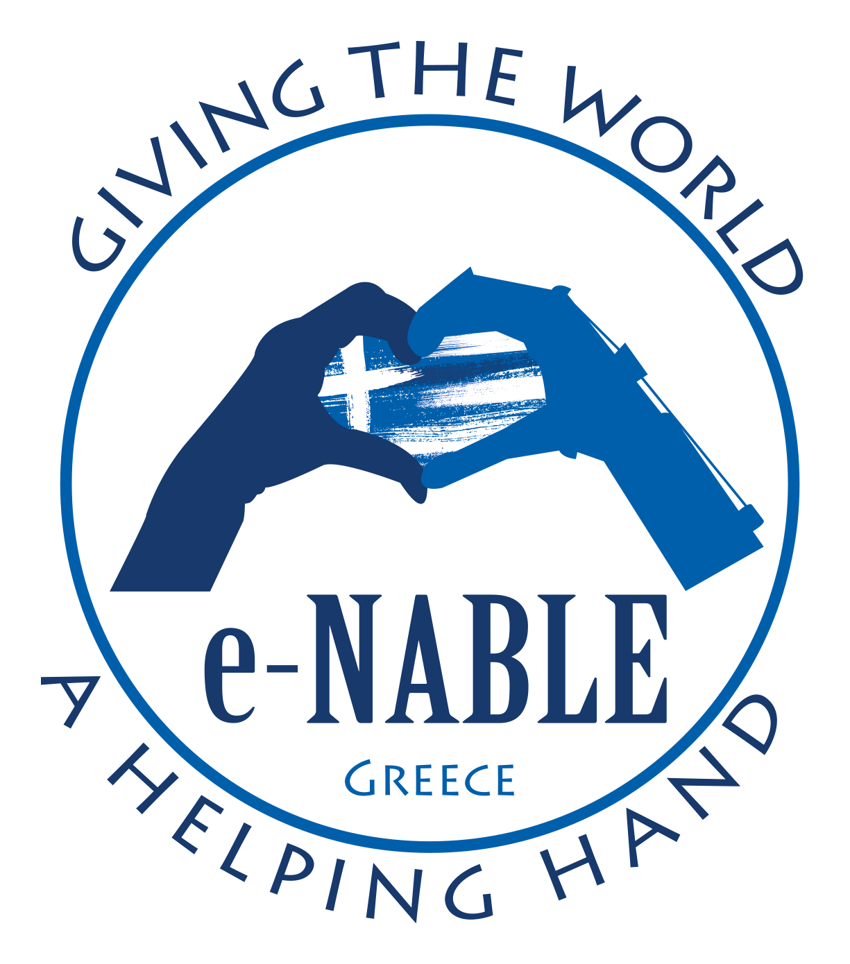 This is the organization logo, presenting one physical hand and one prosthetic hand to create a heart. The two hands are included in a circle and around the circle it is written the e-Nable' s slogan "Giving the world a helping hand"